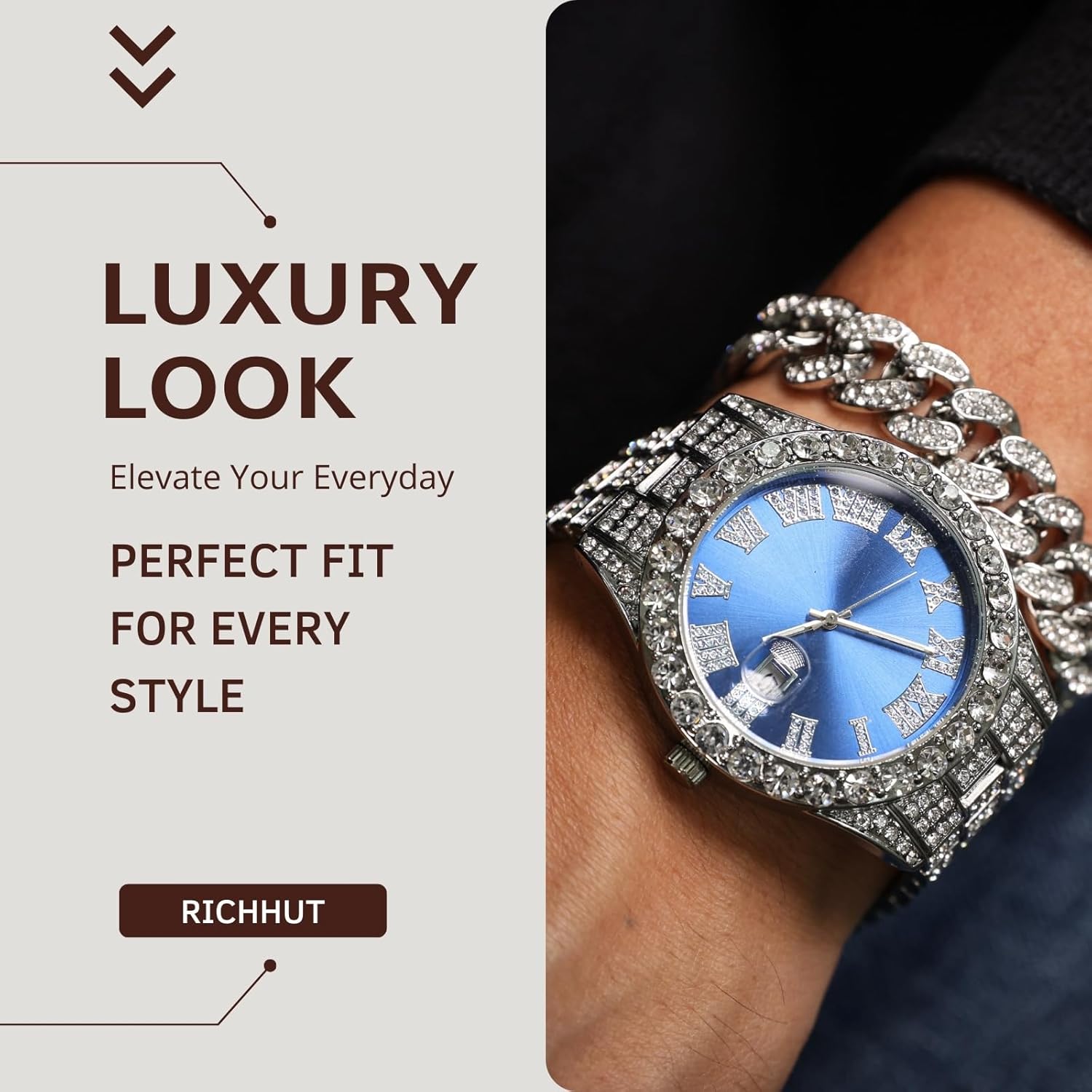 Diamond Watch for Men Guys Iced Out Green/Blue/Red Dial 18MM Wide Wristband 18k Real Gold/White Gold Platinum Plated, with Cuban Link Chain Set Optional, Gift for Boyfriend Husband