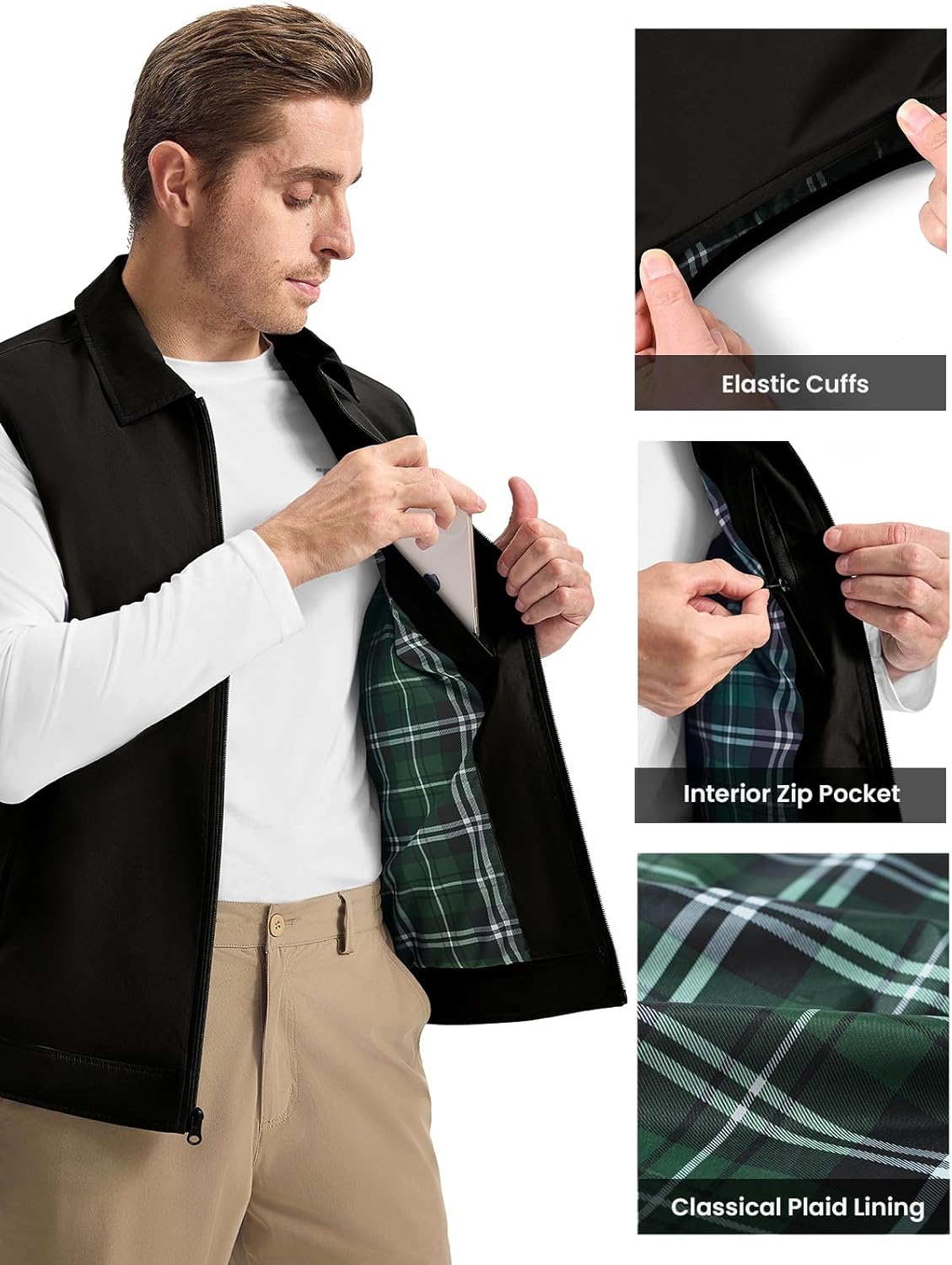 Rdruko Men's Golf Vest Lightweight Outerwear Windproof Water Resistant Grid Lining Vest with Zipper Pockets for Casual - Image 4