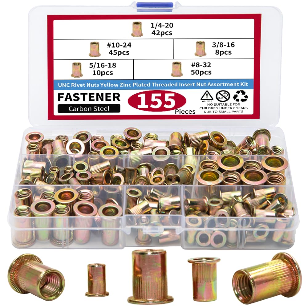 155PCS Rivet Nut Kit, Rivet Nuts Rivnuts 1/4-20#8-32#10-24 5/16-18 3/8-16, SAE UNC Rivnuts Nutserts Assortment Set