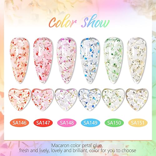 Miniatura 5 de Juego de 6 esmaltes de uñas de gel con purpurina de flores, estilo de lentejuelas de diamante, dorado, azul, verde, transparente, rosa, con flor,