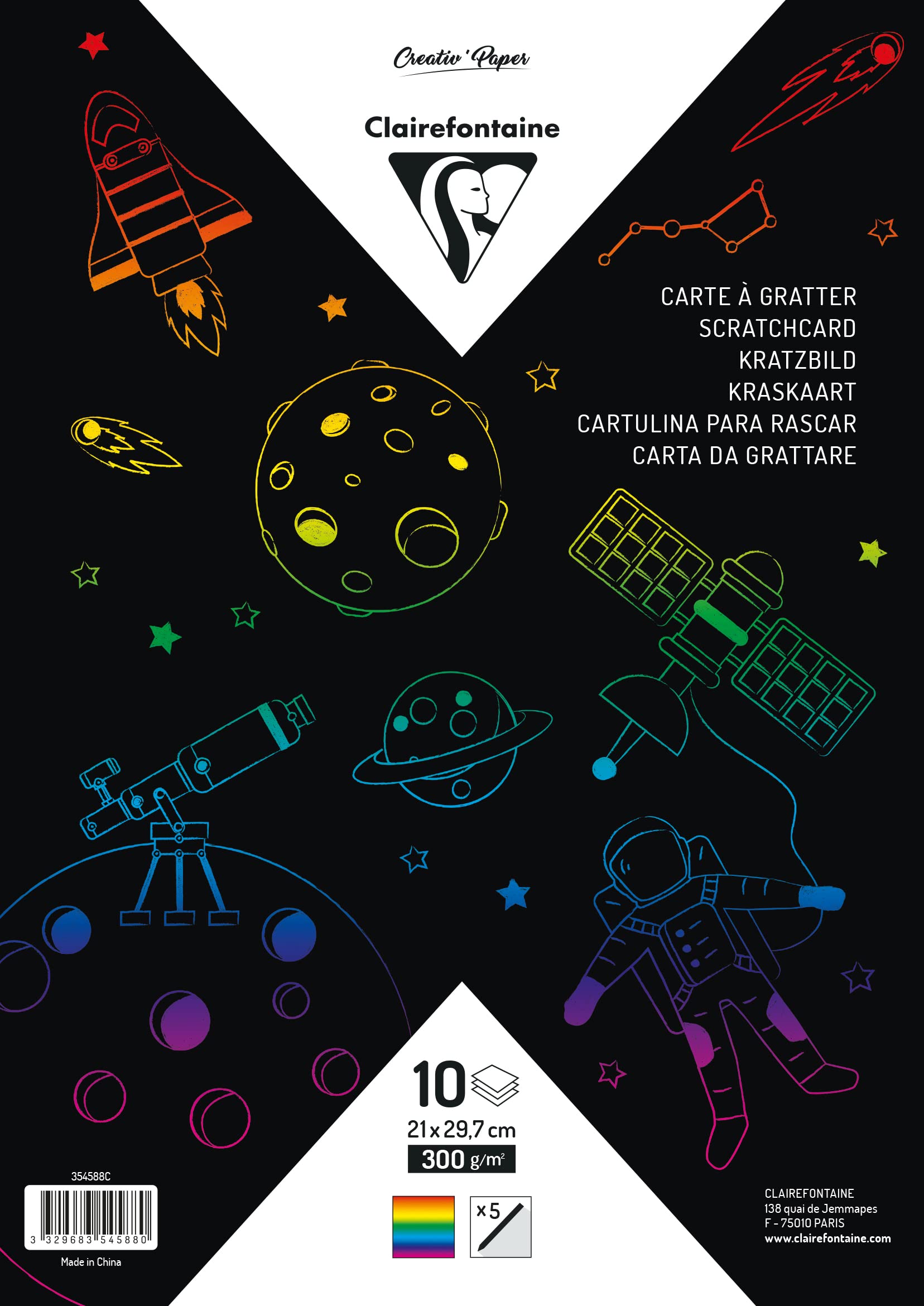 Clairefontaine 354588C Scratch Card 10 Scratch-Off Sheets 300g Cards 5 Wooden Sticks A4 format 21x29,7cm Rainbow design Drawing Writing Crafting Children Adults