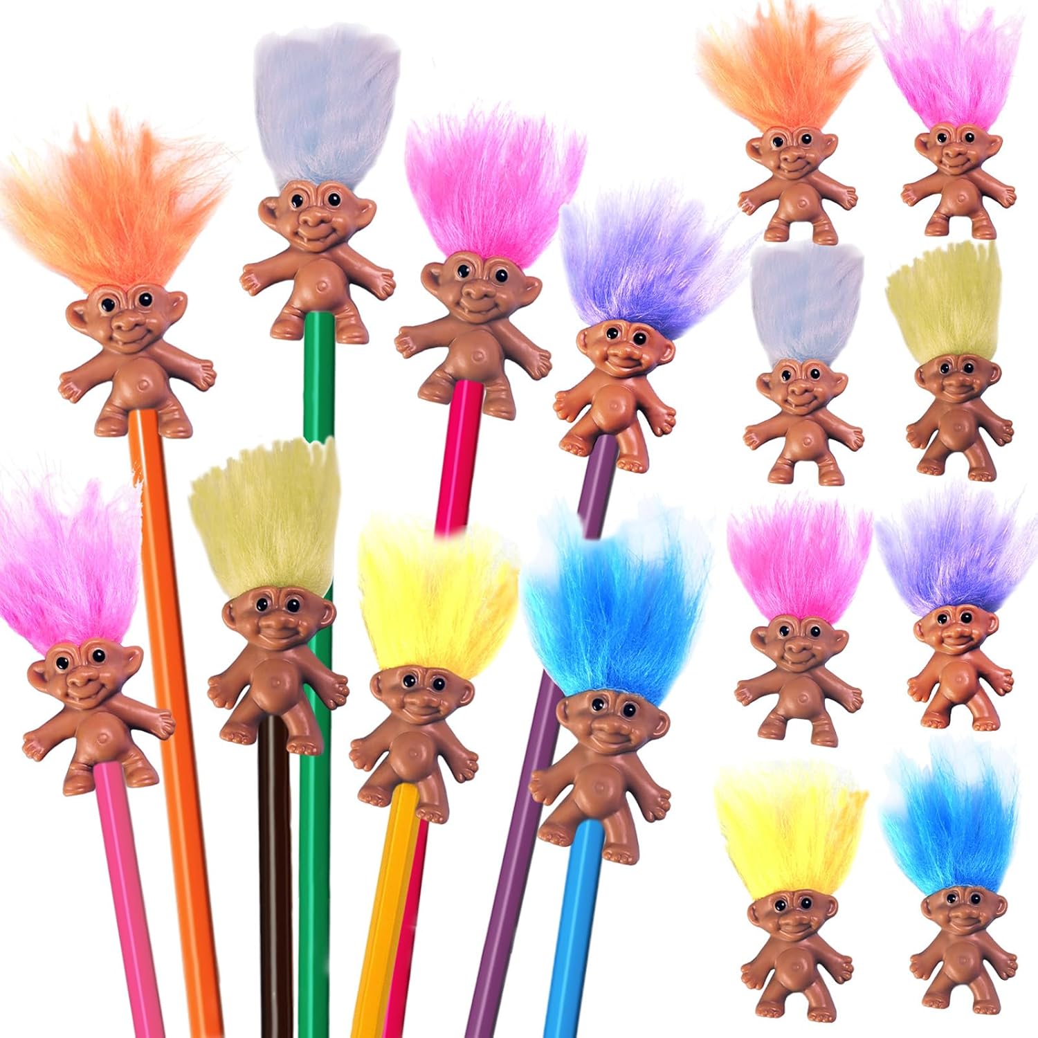 Pack 16 Mini Troll Pencil Toppers with Hair, Vintage Troll Pencil Topper