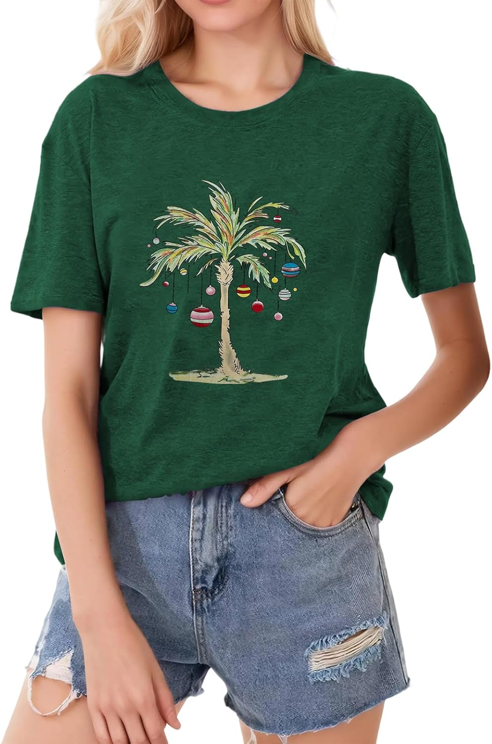 Christmas in July T Shirts for Women Watermelon Xmas Tree and Palm Tree T-Shirt Summer Beach Party Vacation Short Sleeve Tops - Image 3