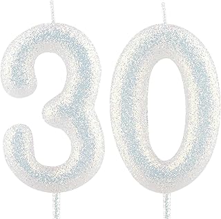 Birthday Candle Number 30 White Iridescent 30th Glitter Birthday Candles Cake Topper Decorations for Party Celebration Decor Supplies