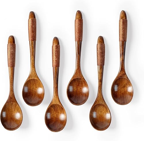 6 cucharas de madera para miel, cucharas de madera pequeñas de 6.7 pulgadas, excelente para té, café y sopa, juego de cucharas de mesa de servir de