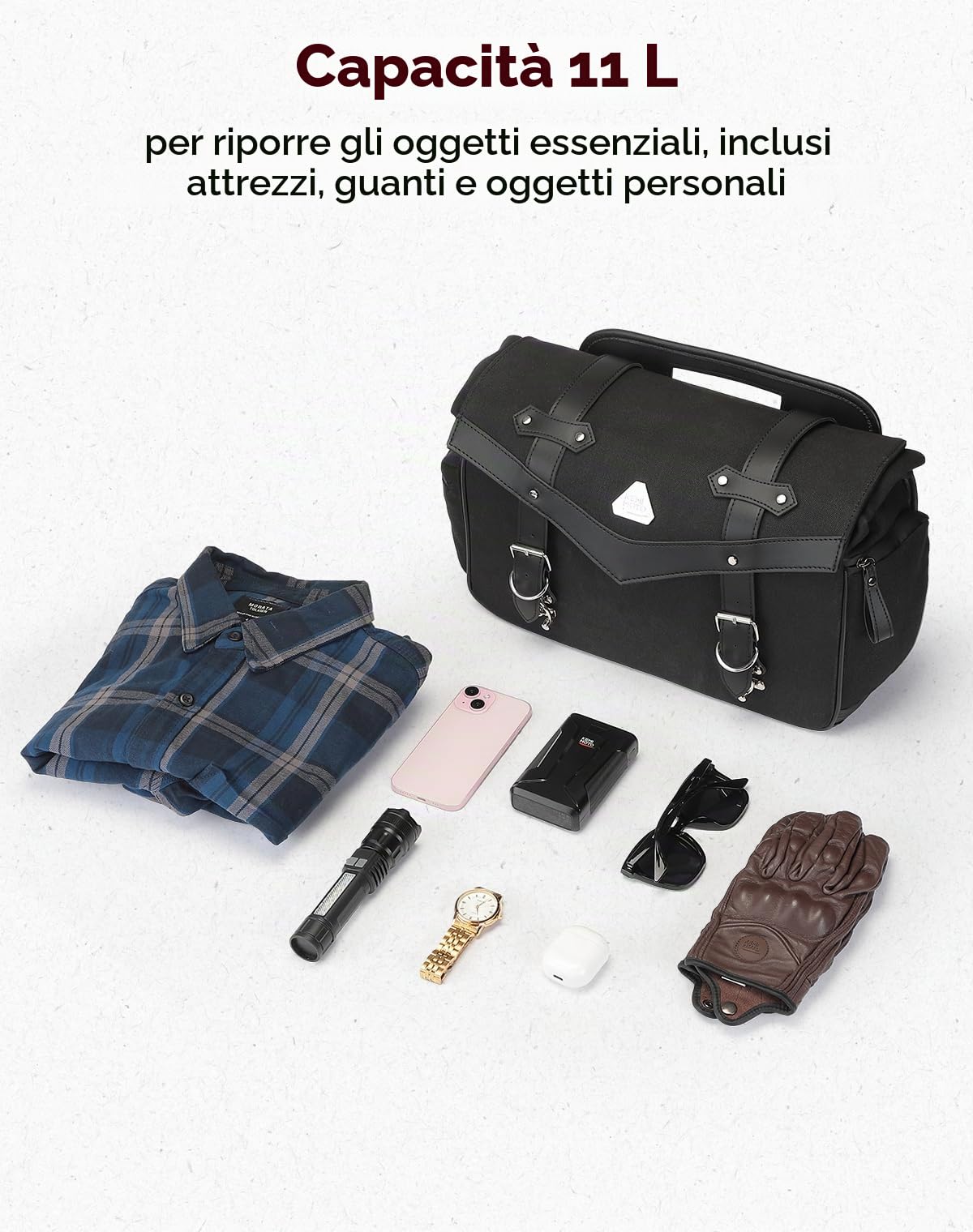 KEMIMOTO Borsa Laterale Moto Impermeabile Vintage Olio Cerato Tela Pelle