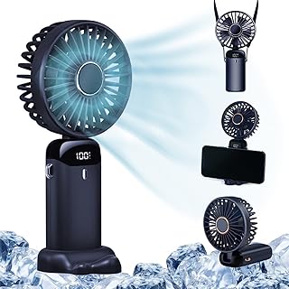 Portable Handheld Fan - Mini Fan Small USB Desk Fan - 90° Foldable Travel Neck Fan 5 Speeds with LED Display - Quiet 3000mAh Rechargeable Personal Cooling Fan for Travel Home Office Camping Outdoors