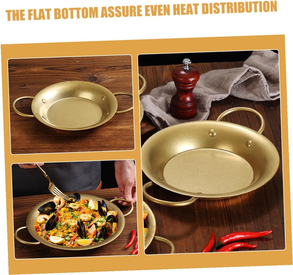 Spanish Stainless Steel Paella Pan 20.5cm Double Handle Frying Pan for Home Cooking and Restaurant Use Vintage Gold Finish