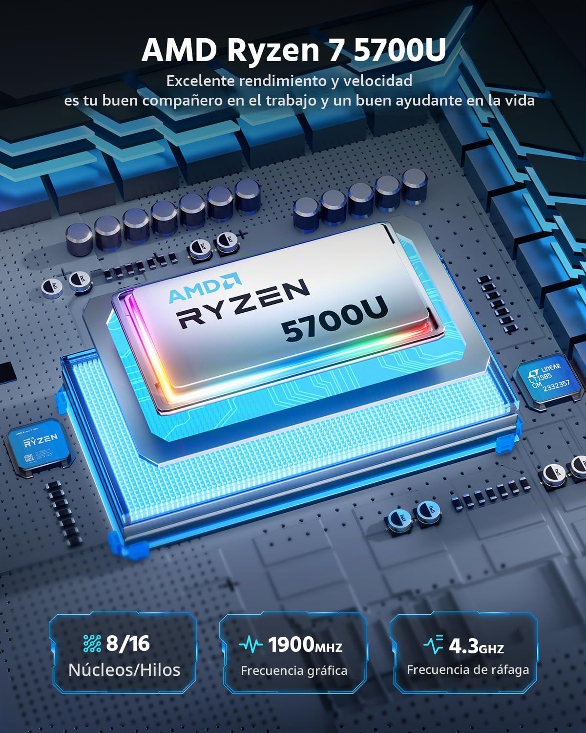 NiPoGi AM02PRO Mini PC, AMD Ryzen 7 5700U(hasta 4.3GHz, 8C/16T), 16GB RAM 512GB NVMe SSD Mini Ordenador de Sobremesa para Oficina,Cine en casa,Empresas【DP+HDMI/WiFi 6/Bluetooth 5.2/USB-C】