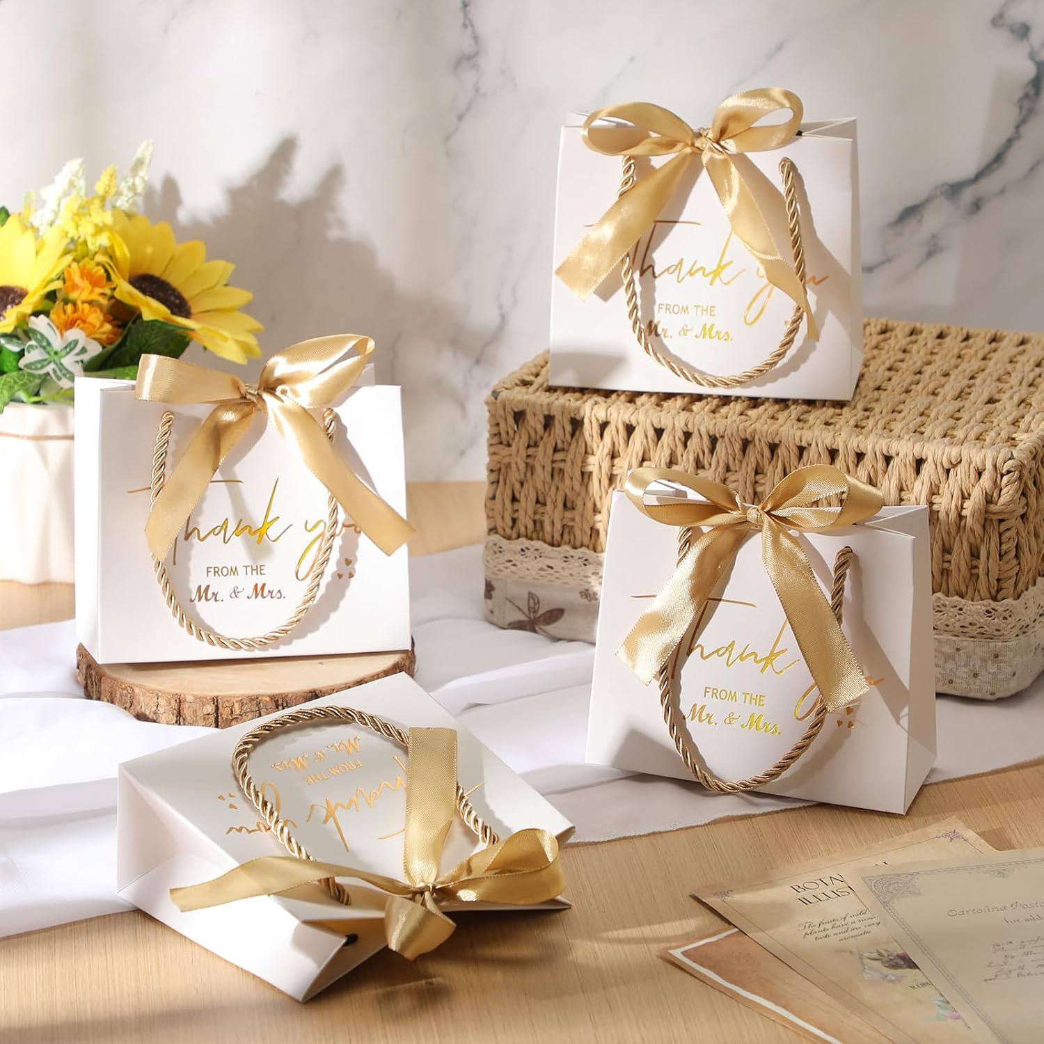 Tenceur 50 Pack Wedding Gift Bags Bulk Small Thank You Bulk Gold Foil Mr. and Mrs. White Paper Engagement Bag with Handles Bow 5.5 x 2.4 x 4.7 Inch for Hotel Guests Wedding Bridal Shower Party Favor