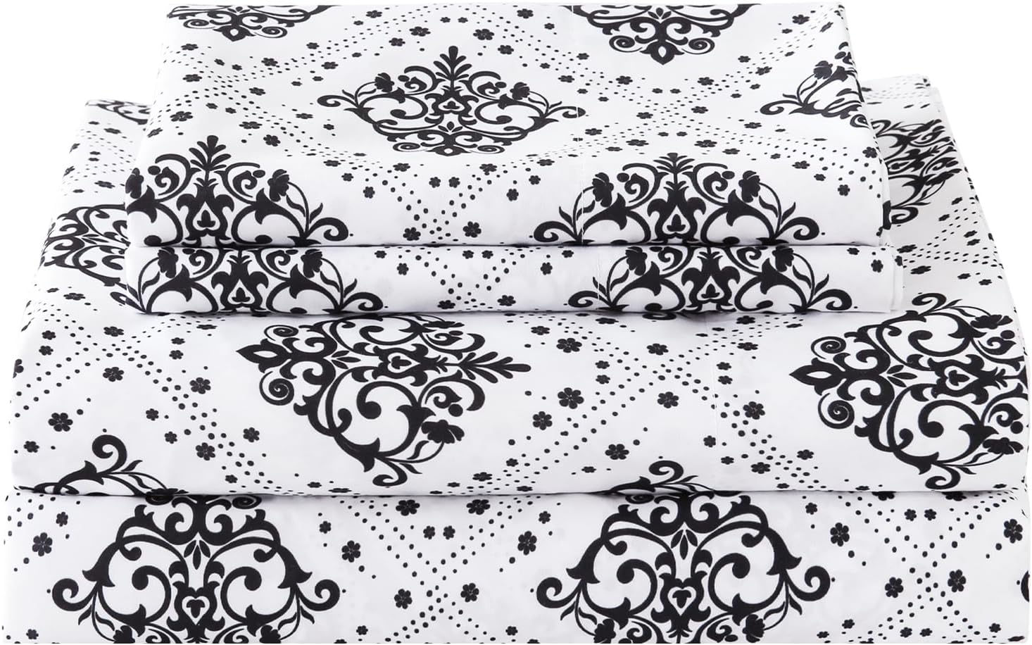 Queen Size Damask Printed Sheet Set,4 Pieces Boho Style Breathable Soft Microfiber Bedsheets, Anti Pilling Deep Pockets Easy Care Bed Sheets, Black