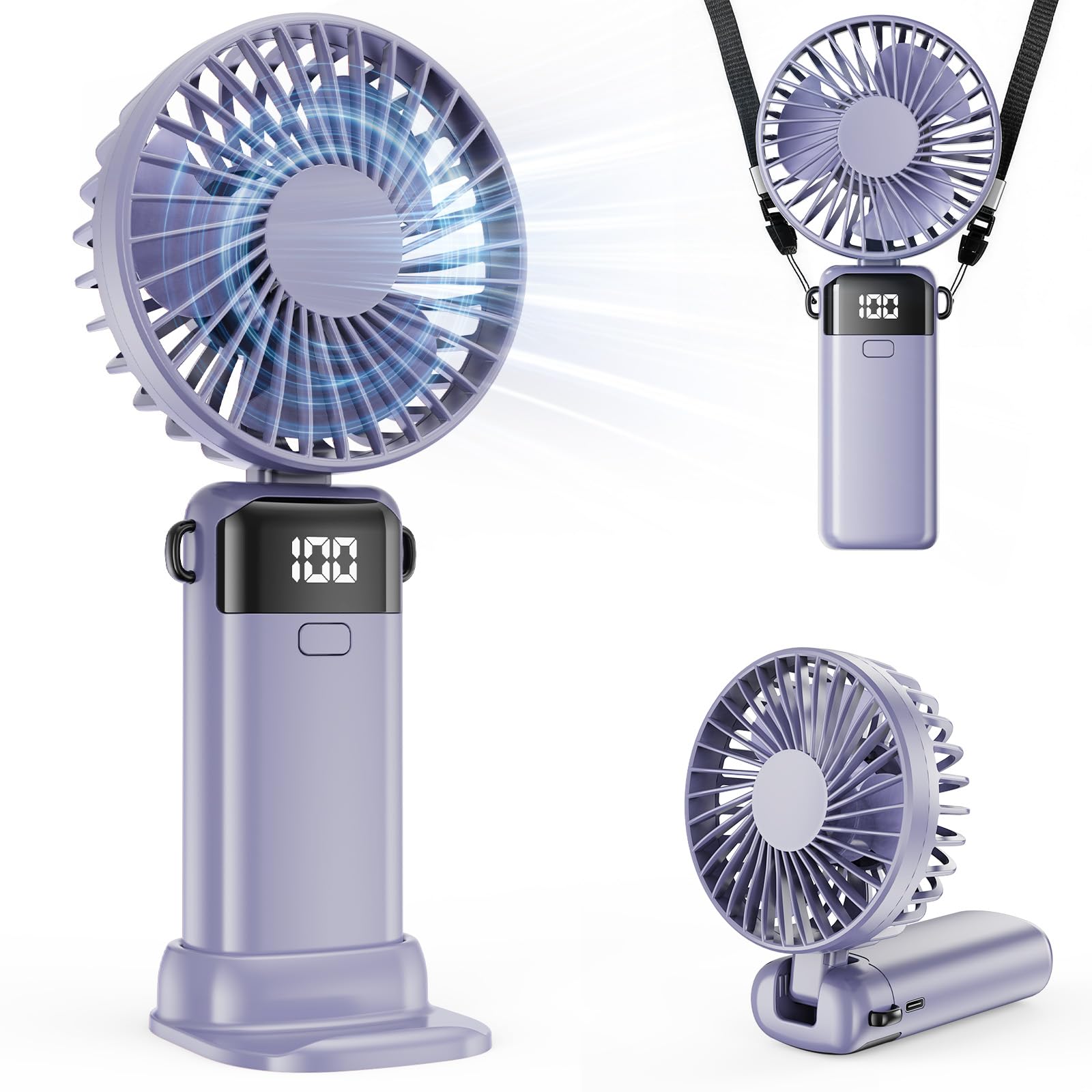 SHAWE Portable Handheld Fan, Hand Held Mini USB Rechargeable Fans with 5 Speeds, LED Display, Foldable Desk Fan Personal Small Desktop Fans for Home Office Bedroom Outdoor Travel
