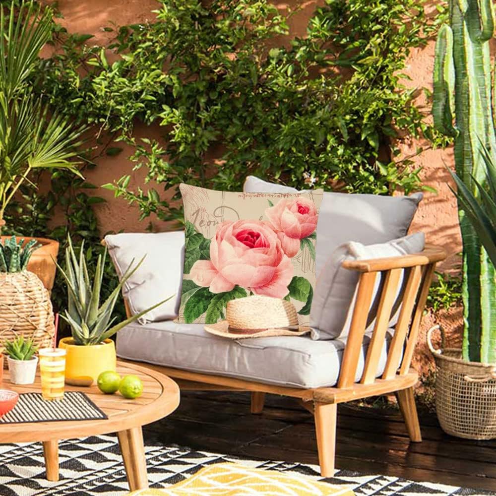 Neatee Living Set of 4 Rose Decorative Throw Pillow Covers 24x24 Inch Pink Floral Pillow Covers Square Pillow Cases Spring Summer Flower Outdoor Sofa Couch Home Decoration Cushion Covers (24 by 24)