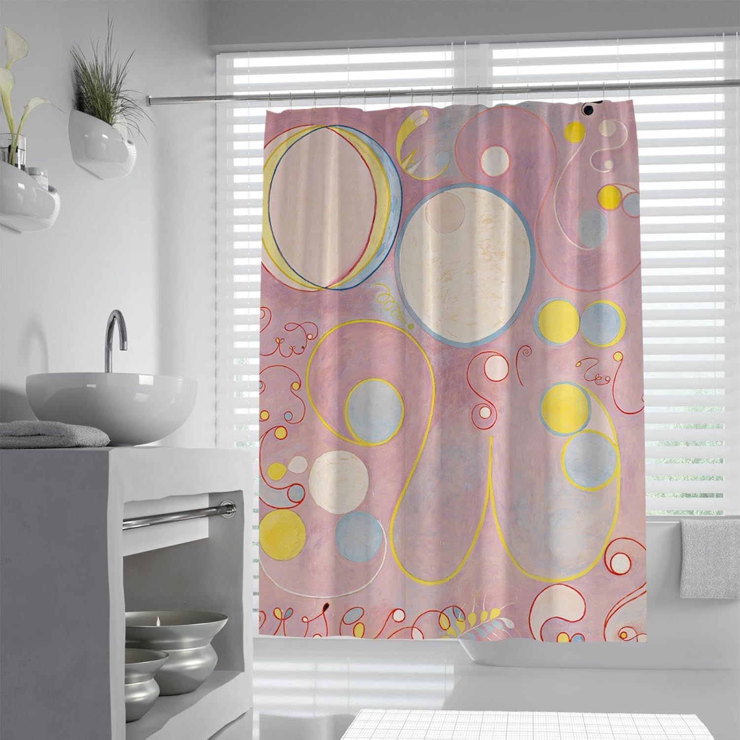 Cartoon Cute Kids Shower Curtains Hilma af Klint Aesthetic Shower Curtain Bathroom Set with Hooks Pink Polyester Fabric Shower Curtain Liner 72Wx72L