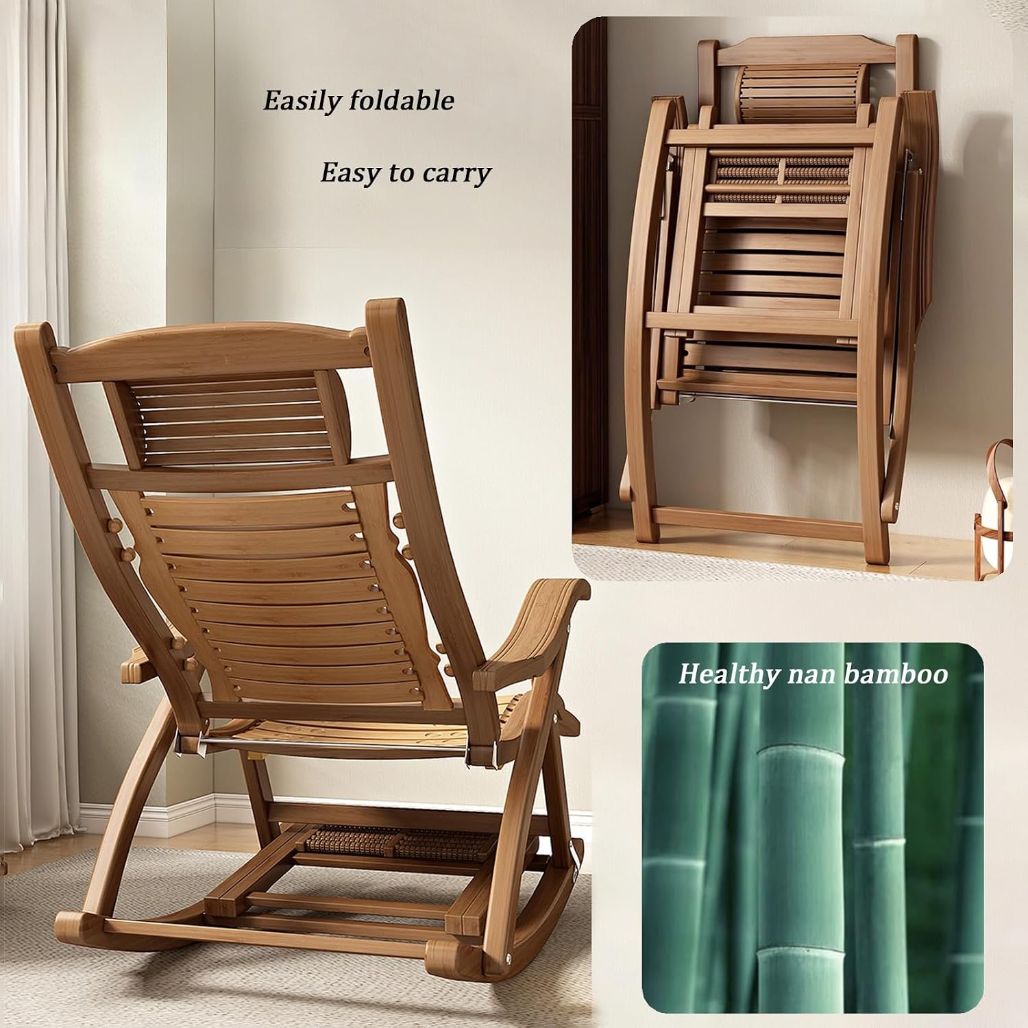 Folding Rocking Chair, Bamboo Rocker Chair with Massage Footrest, Garden Recliner with High Backrest, 5 Reclining Positions, Leisure Armchair, Lounge Chair, Load-Bearing 400KG