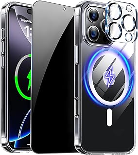 جراب مغناطيسي لموبايل آيفون 16 برو ماكس مع شاشة حماية للخصوصية وواقي كاميرا كامل من زوزدوك، جراب متوافق مع ماج سيف بتصميم شفاف مضاد للصدمات لموبايل آيفون 16 برو ماكس، لون شفاف