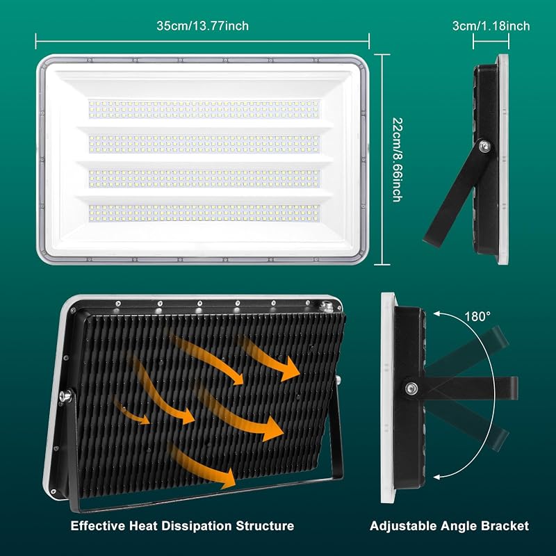 Viugreum LED Kültéri Reflektor, 2 db, 300W, 30000 lm, IP66 Vízálló, 6500K Hideg Fehér, 120° Szórási Szög, 80 cm Kábellel, Kerthez, Garázshoz