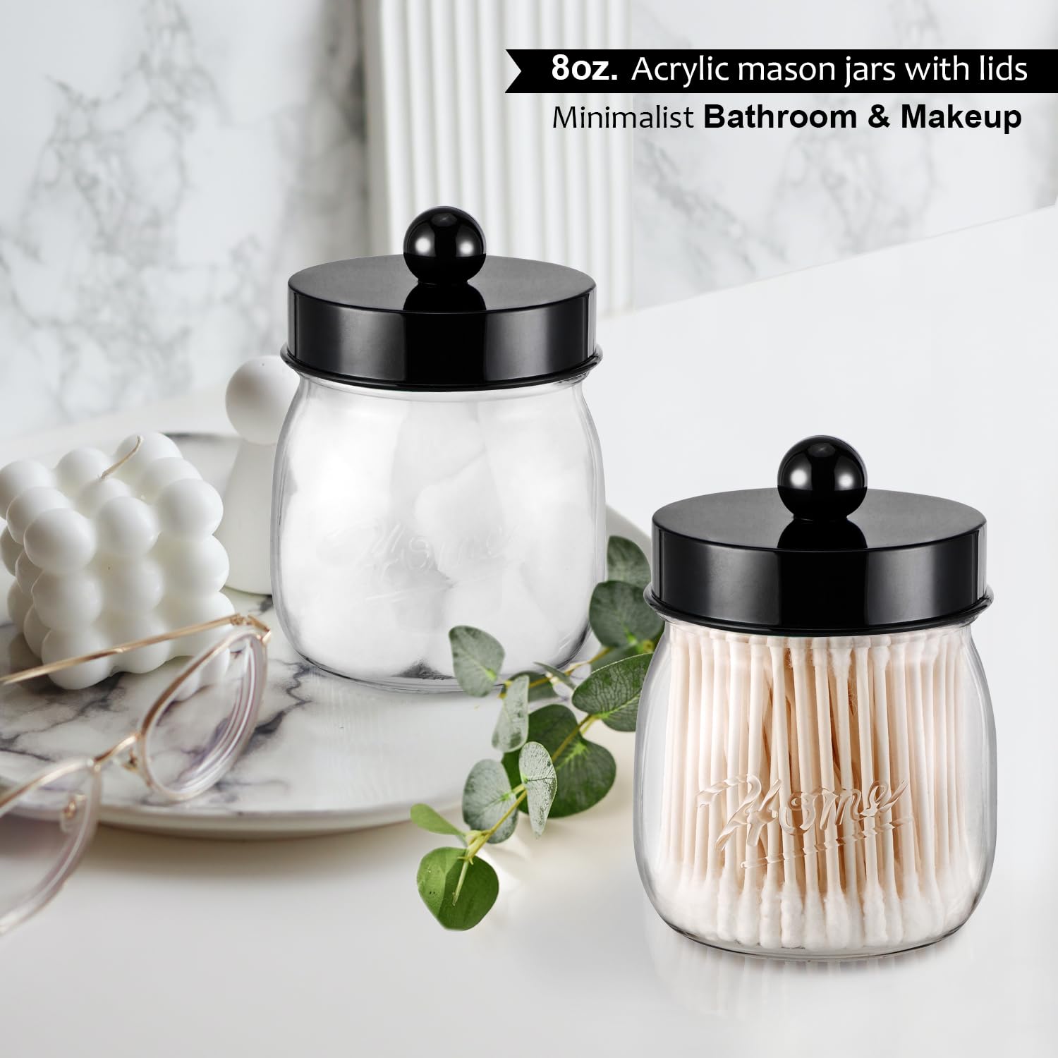 SheeChung 4 Pack Plastic Acrylic Bathroom Vanity Countertop Canister Jars With Storage Lid, Apothecary Jars Qtip Holder Makeup Organizer For Cotton