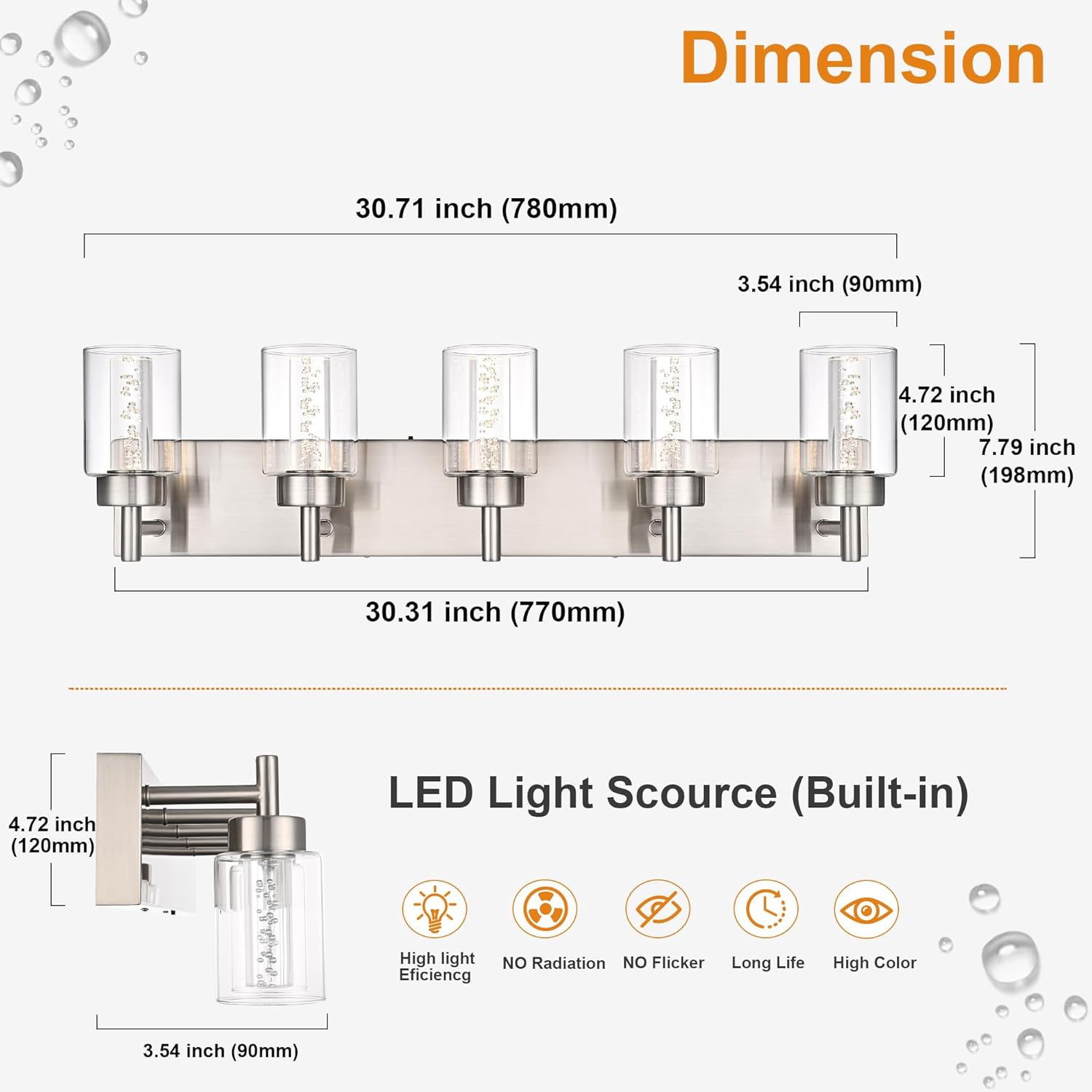 VINLUZ 5-Light Bathroom Vanity Light with 5 Color Modes, Brushed Nickel Dimmable Modern Wall Lighting Fixture Over Mirror with Clear Glass Shade and Crystal Bulb(LED Bulbs Included)