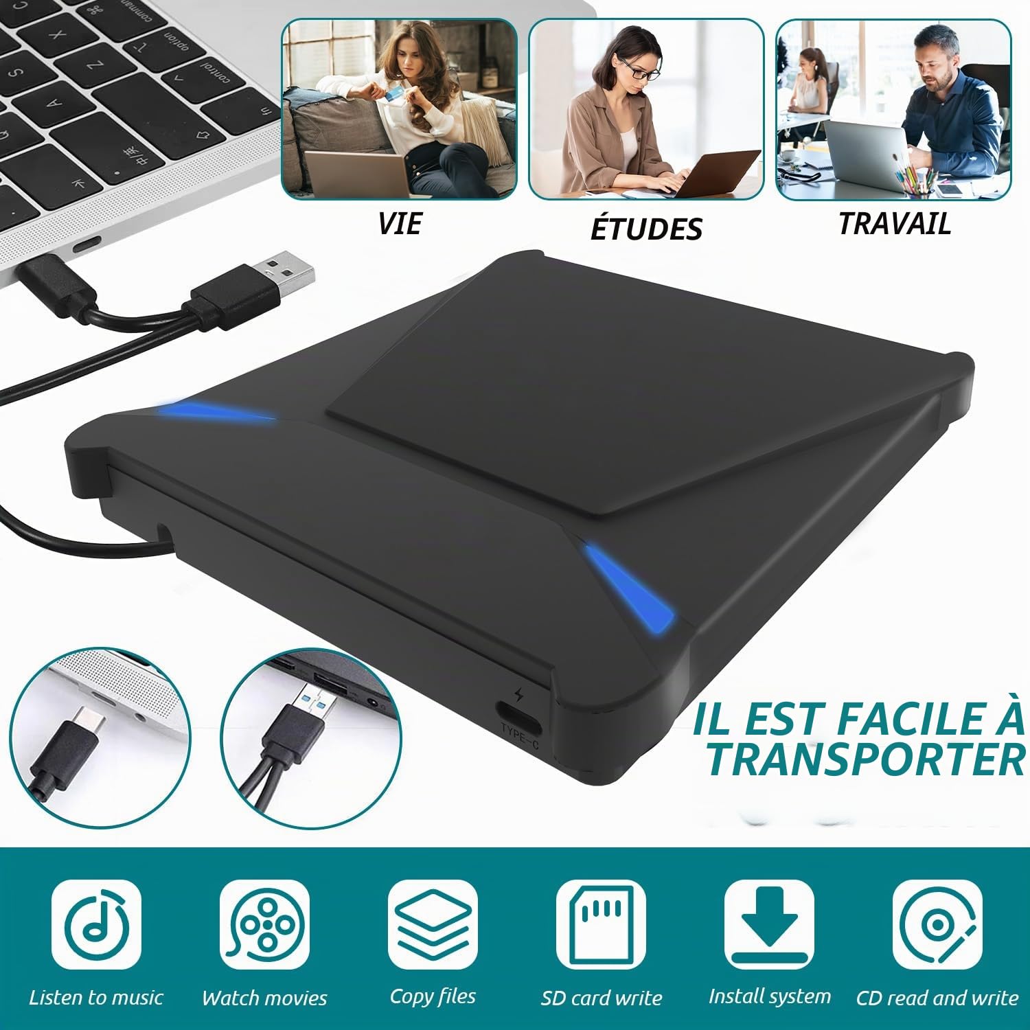 Magesh Lecteur Blu-Ray Externe, USB3.0 Type-C External Blu-Ray Drive, Slim Portable External Blu-Ray DVD Burner/Reader, for Laptop, Desktop, Windows 11/10/8