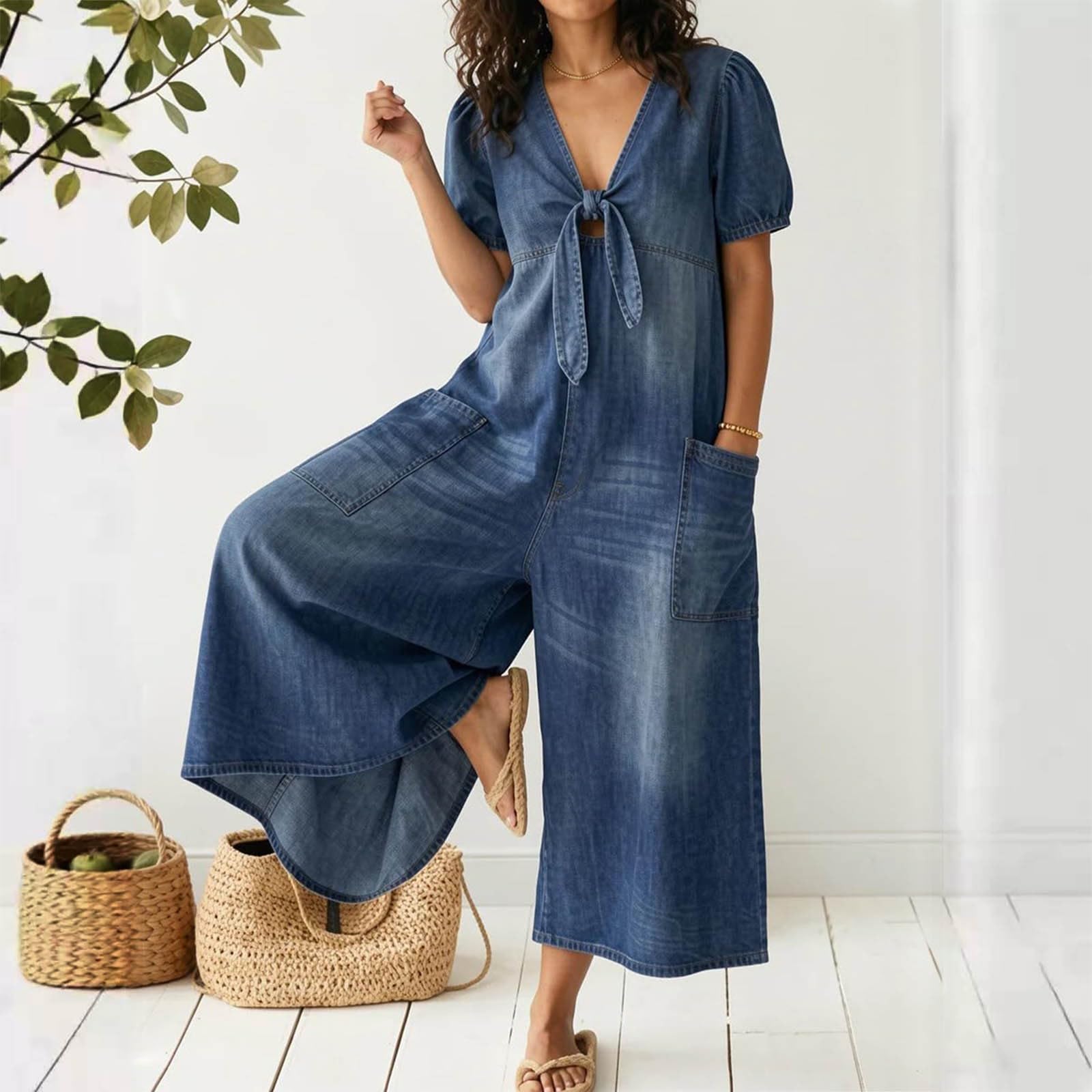 Tuta da donna in jeans lunga, a gamba larga, con pantaloni