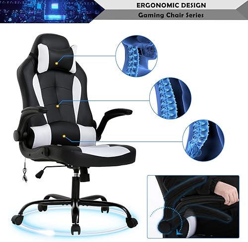 Miniatura 8 de Silla ergonómica para juegos, silla de masaje para juegos con reposacabezas, silla de computadora de oficina con ruedas y soporte lumbar, silla de