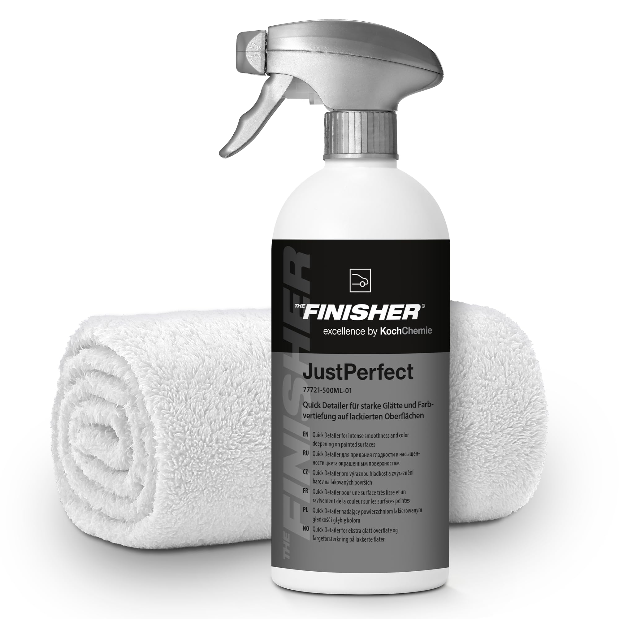 Auto Lackpflege Set | THE Finisher JustPerfect Quick Detailer 500ml + Poliertuch | Reiniger für lackierte Oberflächen | brillanter Glanz & sichtbare Farbvertiefung | reinigt, pflegt & konserviert