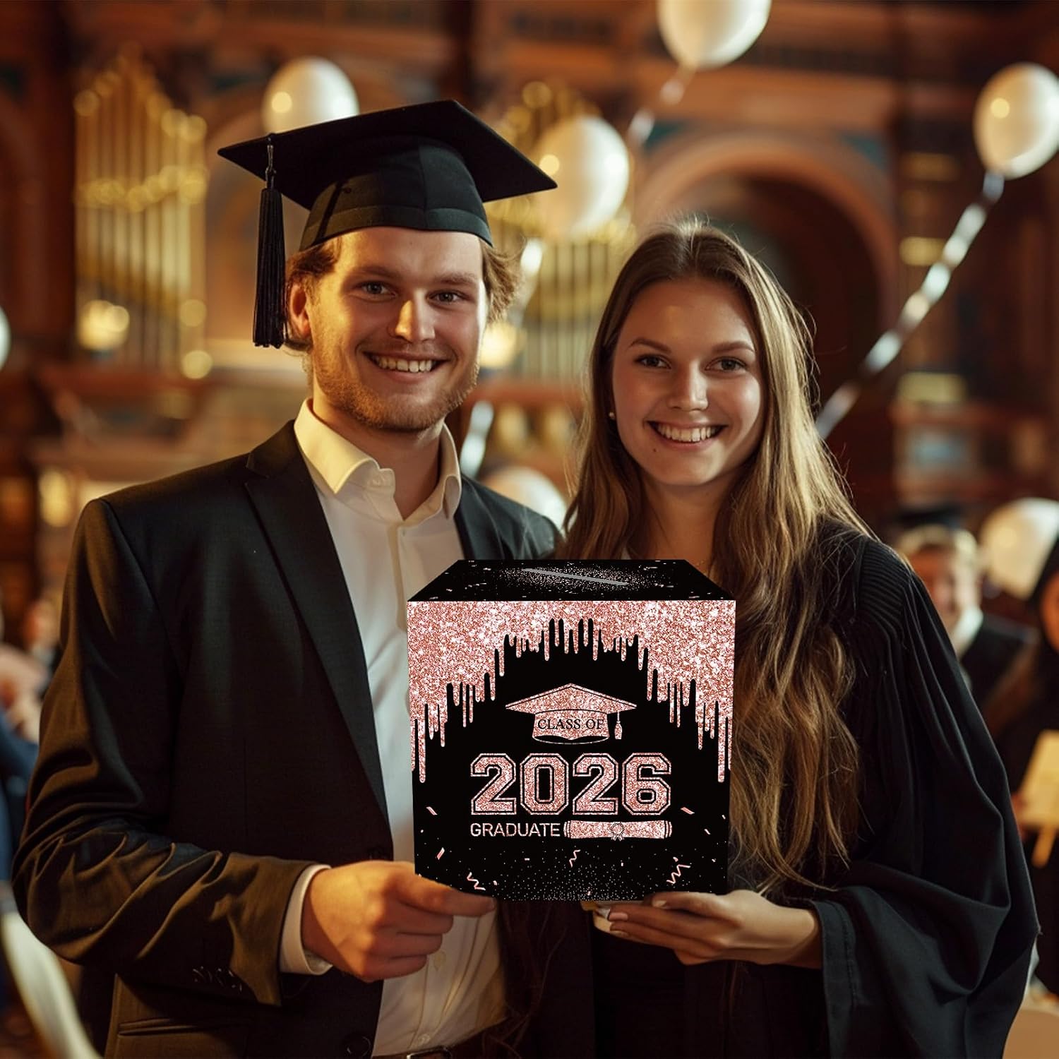 Black and Pink Congrats Grad Card Box, Large Graduation Card Box Holder 2026, Graduation Party Decorations for High School, College, Class of 2026 Celebration Supplies