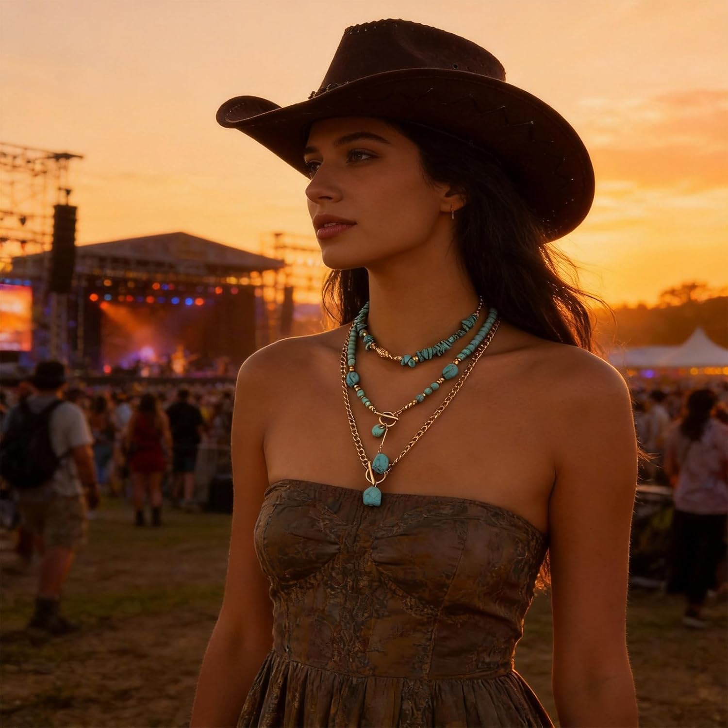 Western Necklaces for Women Cowgirl Outfits Layered Turquoise Necklace Cowgirl Jewelry Boho Jewelry Western Outfit Dress Accessories for Women - Image 2