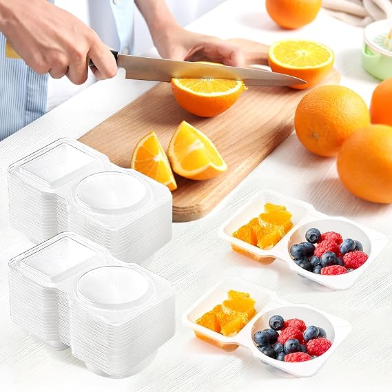 20 Sets 4.5 oz Reusable Plastic Snack Containers, Double Compartment Condiment Containers with Lids for Meal Prep, Dipping Sauce, Portion Control, Travel Snack