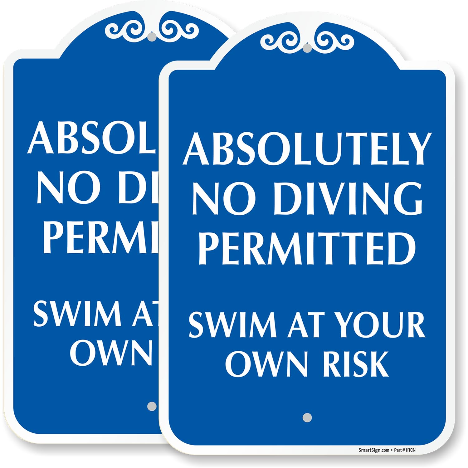 SmartSign 2-Pack Designer “Absolutely No Diving Permitted, Swim At Your Own Risk” Sign, 18 x 12 inch Pool Rule Sign, 120 mil Aluminum Composite (ACM) with Overcoat, Blue/White