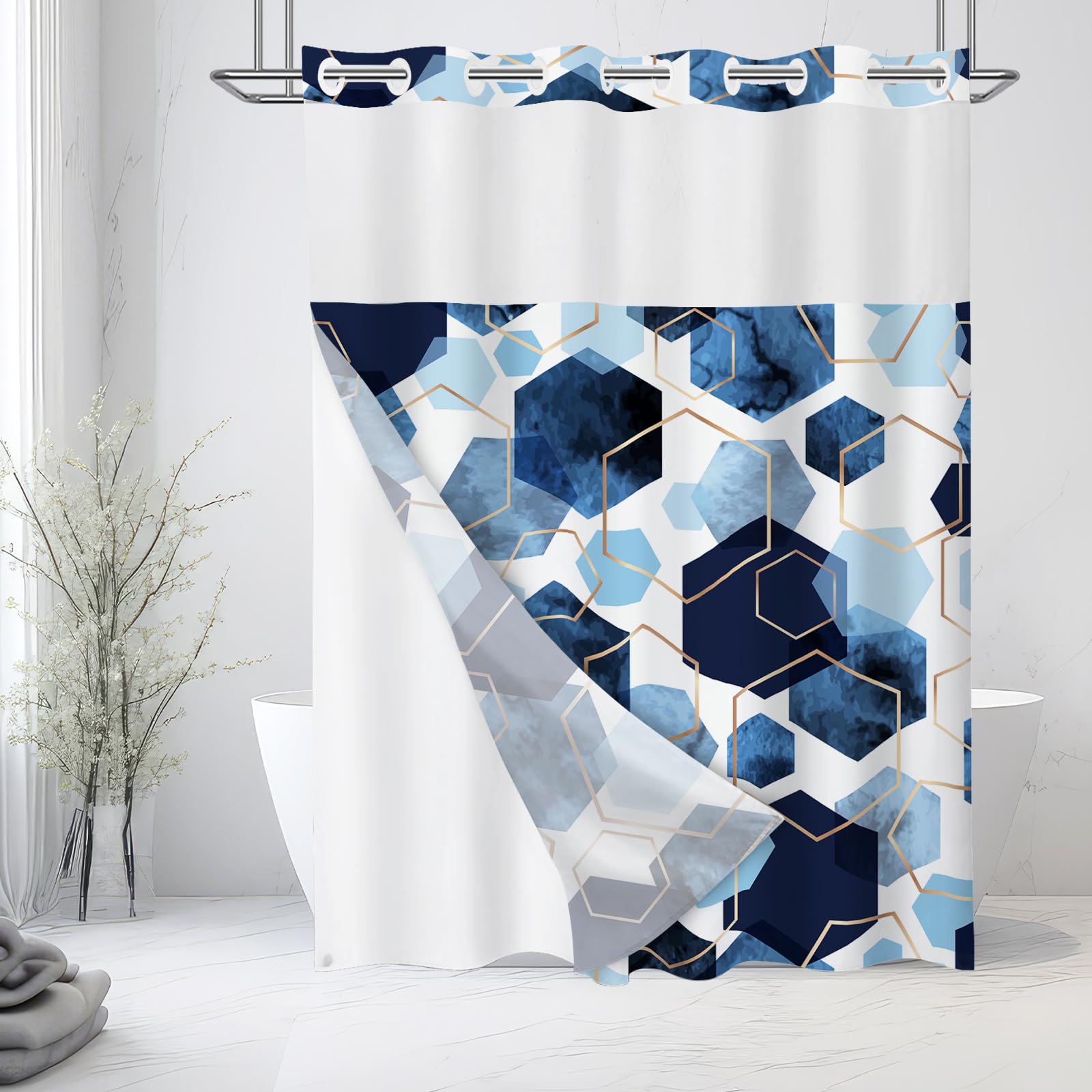 Litabel Long rideau de douche imperméable à motif géométrique bleu sans crochet avec doublure en tissu à clipser – 182,9 x 203,2 cm (198,1 cm), style hôtel avec fenêtre supérieure transparente