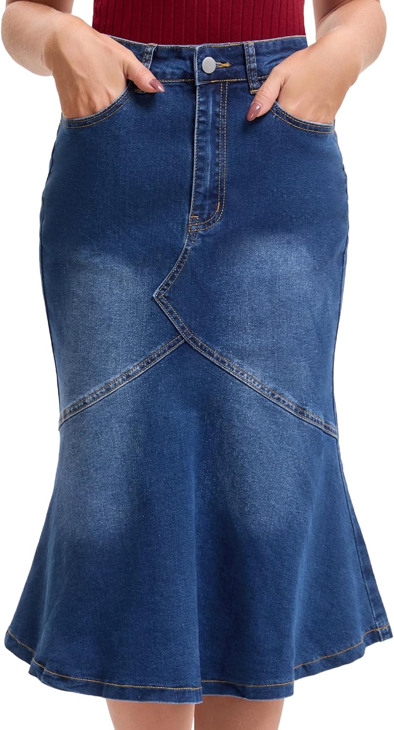 Womens Bodycon Fishtail Denim Skirt High Waisted Ruffled Knee Length Jean Skirt