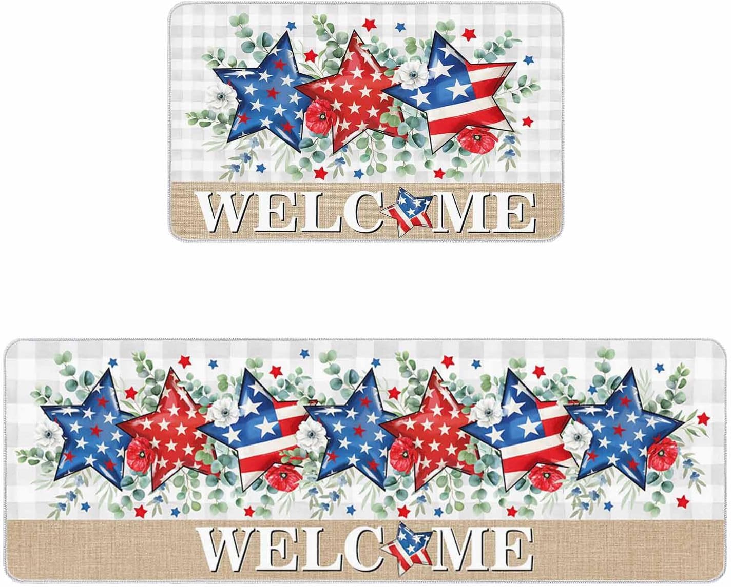 Independence Day Kitchen Mats for Floor 2 Piece, 4th of July Non-Slip Kitchen Rugs Welcome America Flag Washable Runner Rug Set Absorbent Carpets for Kitchen Laundry Room, 15.7"x23.6"+15.7"x47.2"