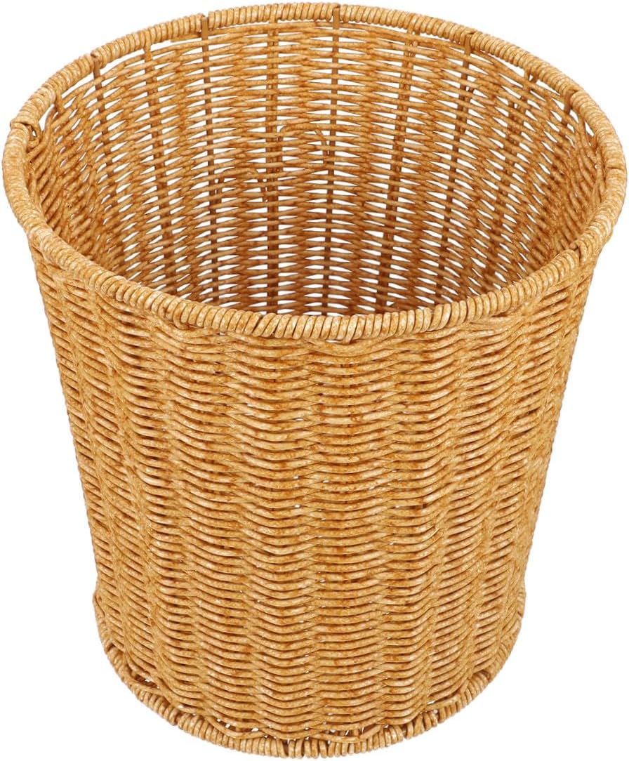 KOMBIUDA Imitation Rattan Storage Basket Plastic Woven Sundries Basket for Home Organization Versatile Living Room Trash Can Pastoral Style