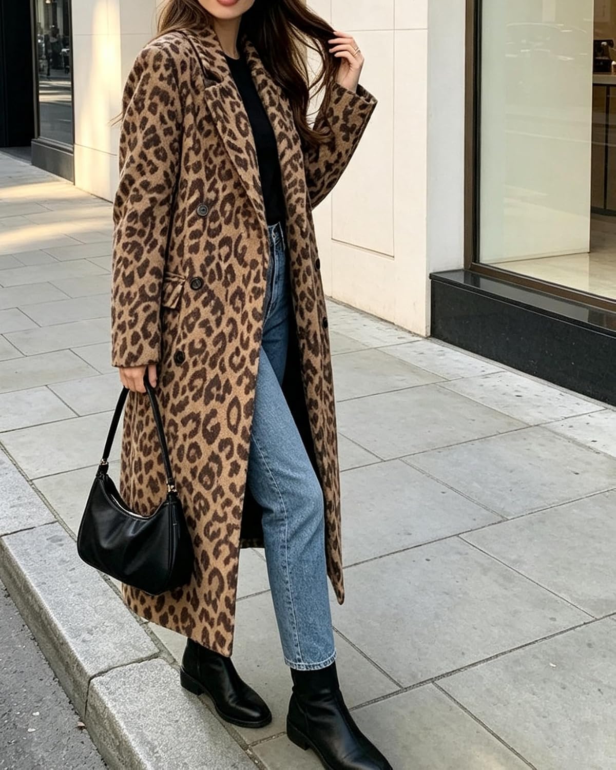 utcoco Womens Winter Warm Leopard Long Wool Coats Double Breasted Pea Coat image 2