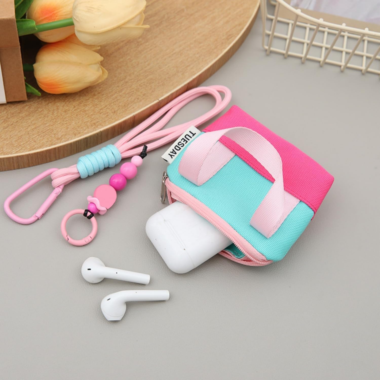 2PCS Zipper Coin Purse Mini Tote Bag Keychain Small Change Purse Key Pouch Charm Cute Wallet with Wristband, Beige+Blue image 3