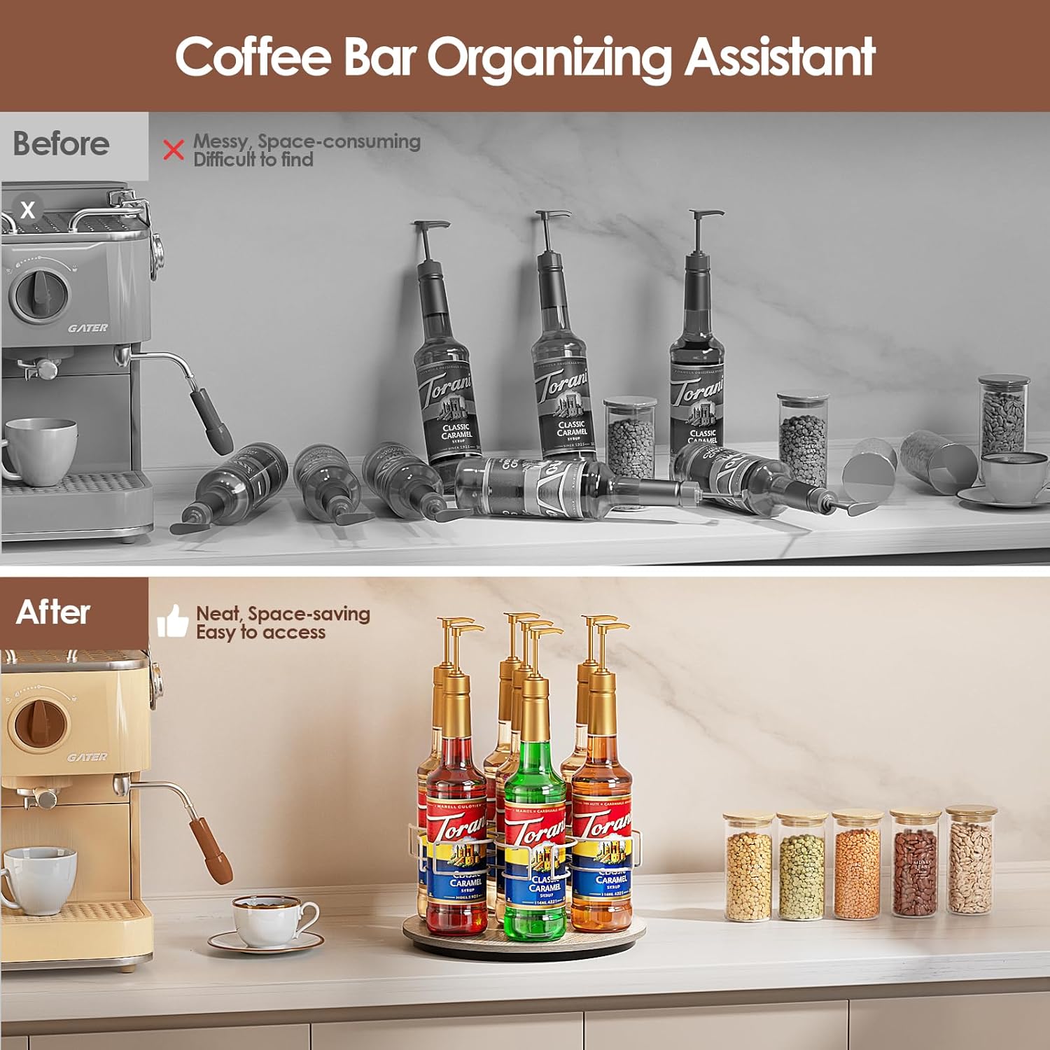 Rotating Coffee Syrup Organizer, 7 Bottles Coffee Syrup Rack for Countertop, Rotating Water Bottle Organizer for Stanley Simple Modern Owala Yeti, White