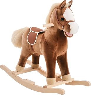 HOMCOM Caballo Balancín para Niños de +3 Años Caballo de Juguete con Asas Estructura Metálica y Base de Madera de Álamo Carga 40 kg 74x33x62 cm Marrón