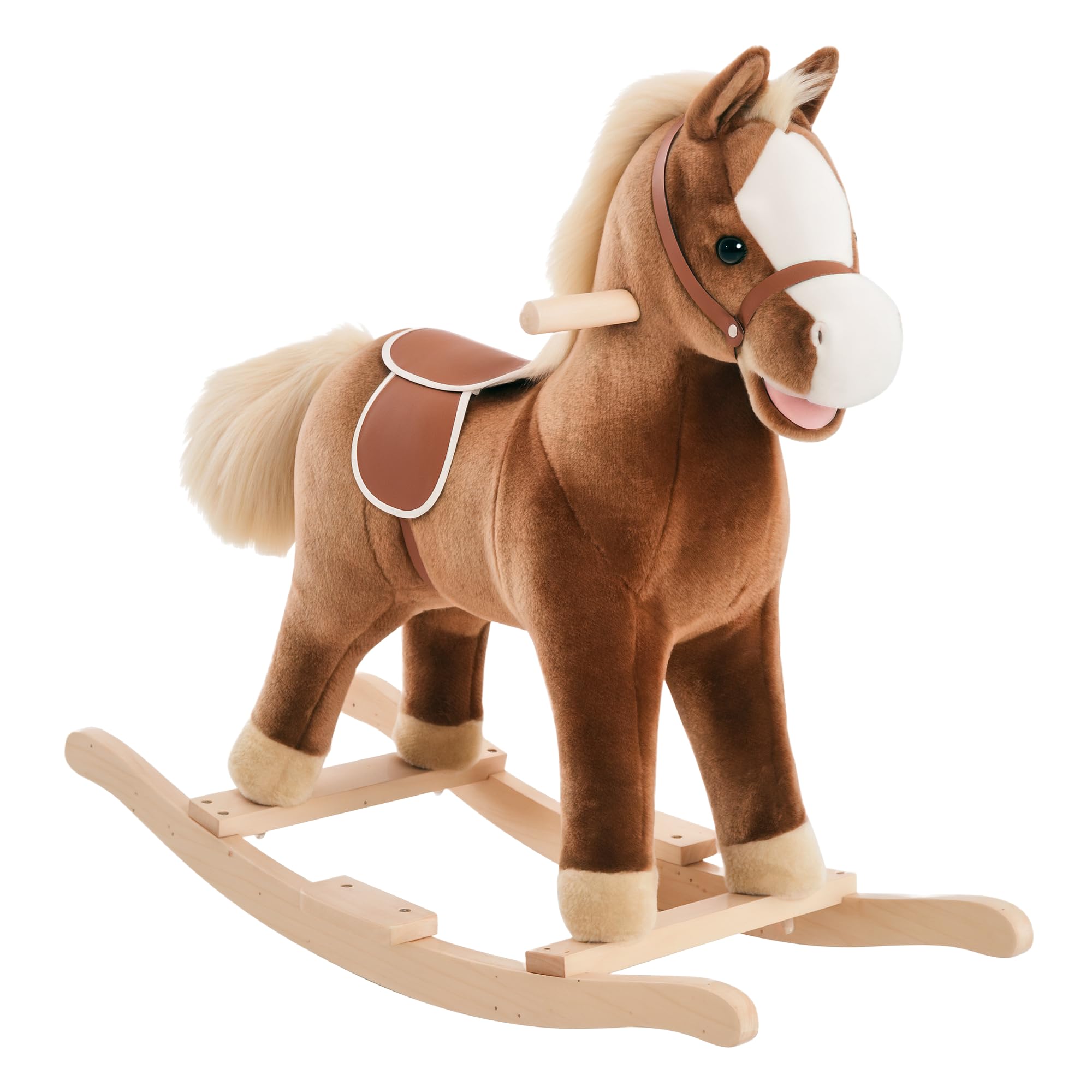 HOMCOM Cavallo a Dondolo per Bambini in Legno, Giocattolo Cavalcabile per Bambini in Peluche, 74x33x62 cm, Marrone