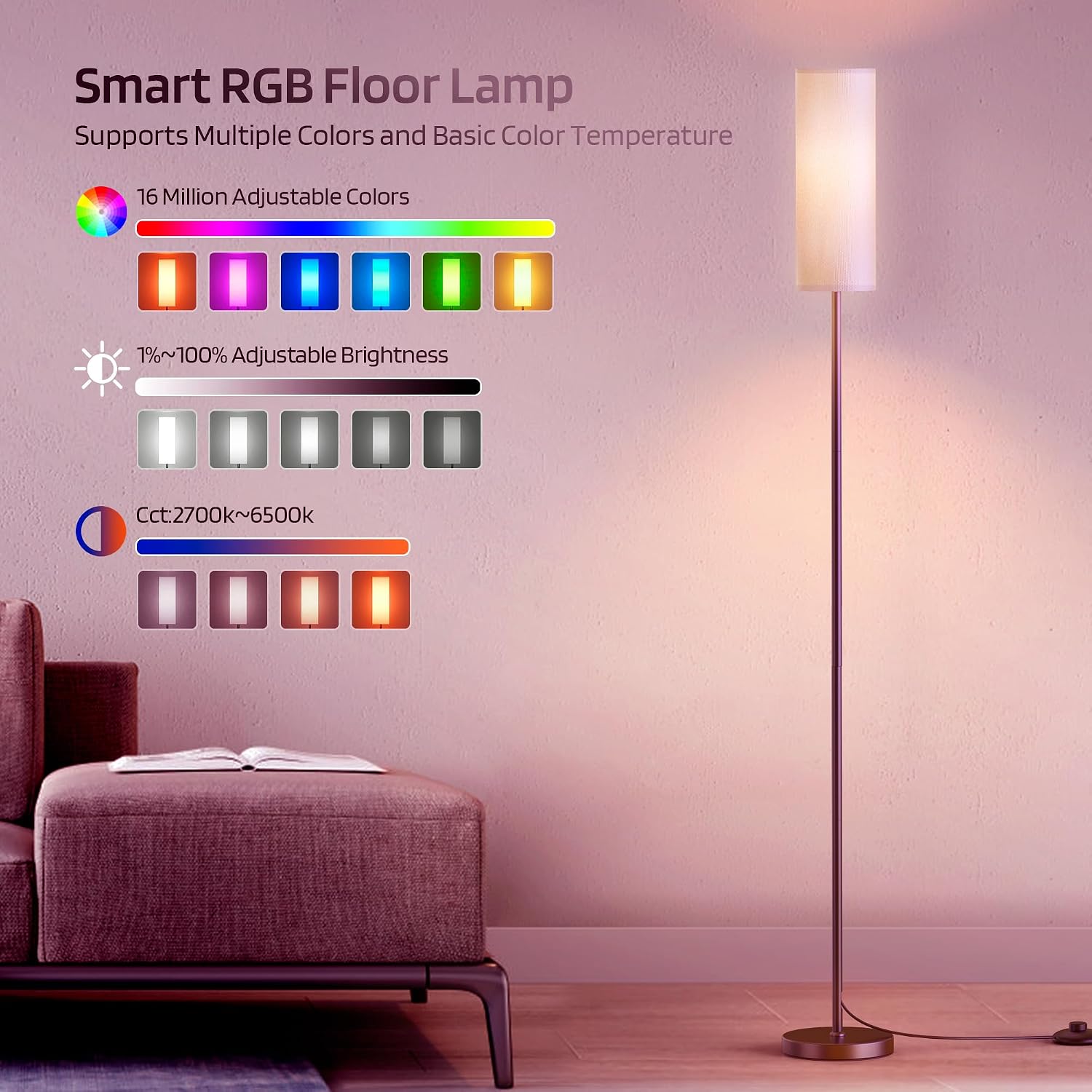 RGB Floor Lamp for Living Room, Smart Modern Floor Lamp with RGB LEDs Bulb,Standing Floor Lamp with App Control,Color Changing Standing Floor Lamp for Bedroom Living Room
