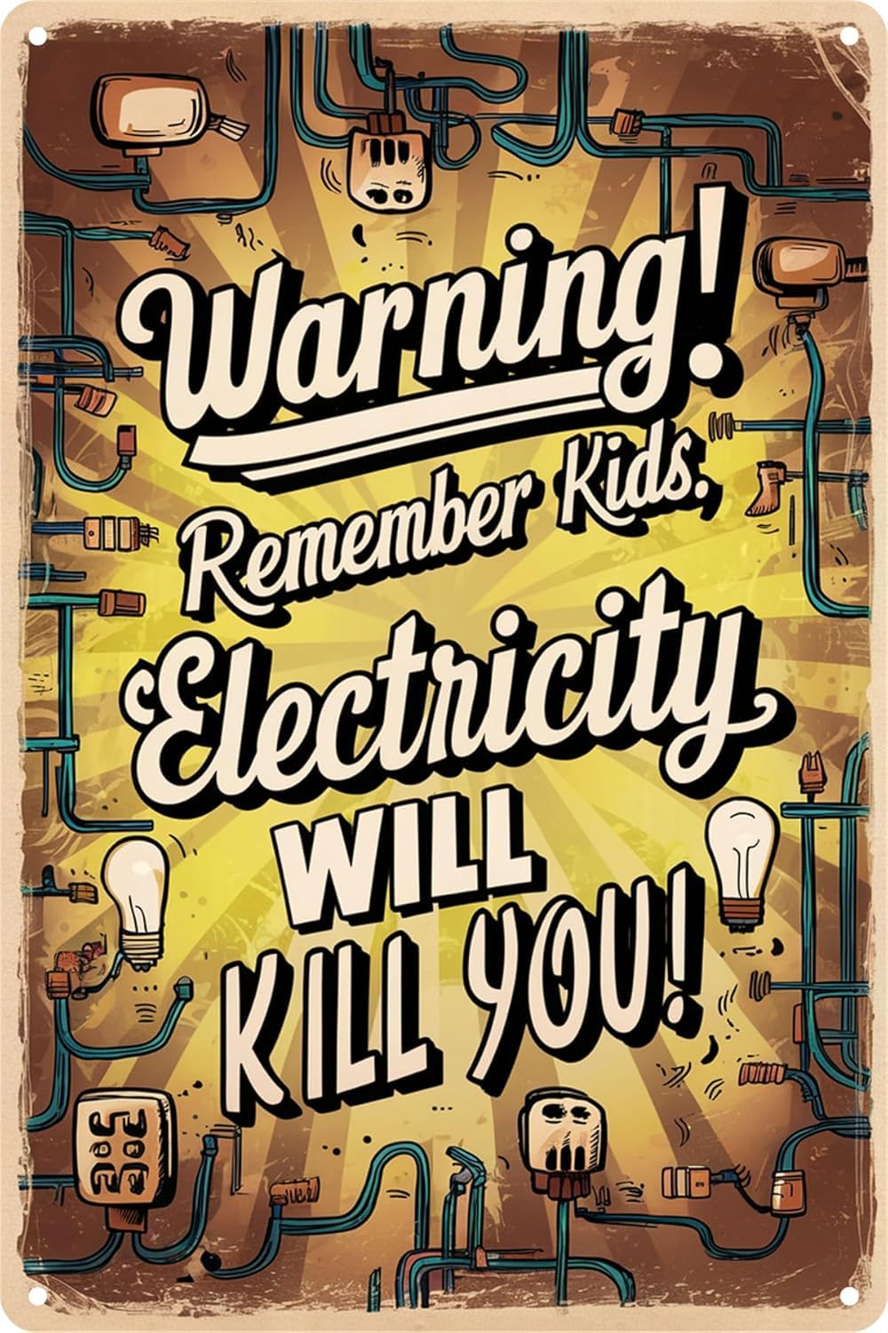 SMAZDFXX Funny Electricity Warning Signs Remember Kids Electricity Will Kill You Vintage Metal Tin Signs Garage Decor For Mens Car Wall Art Man Cave Accessories Electrician Home Decor 8"x12"