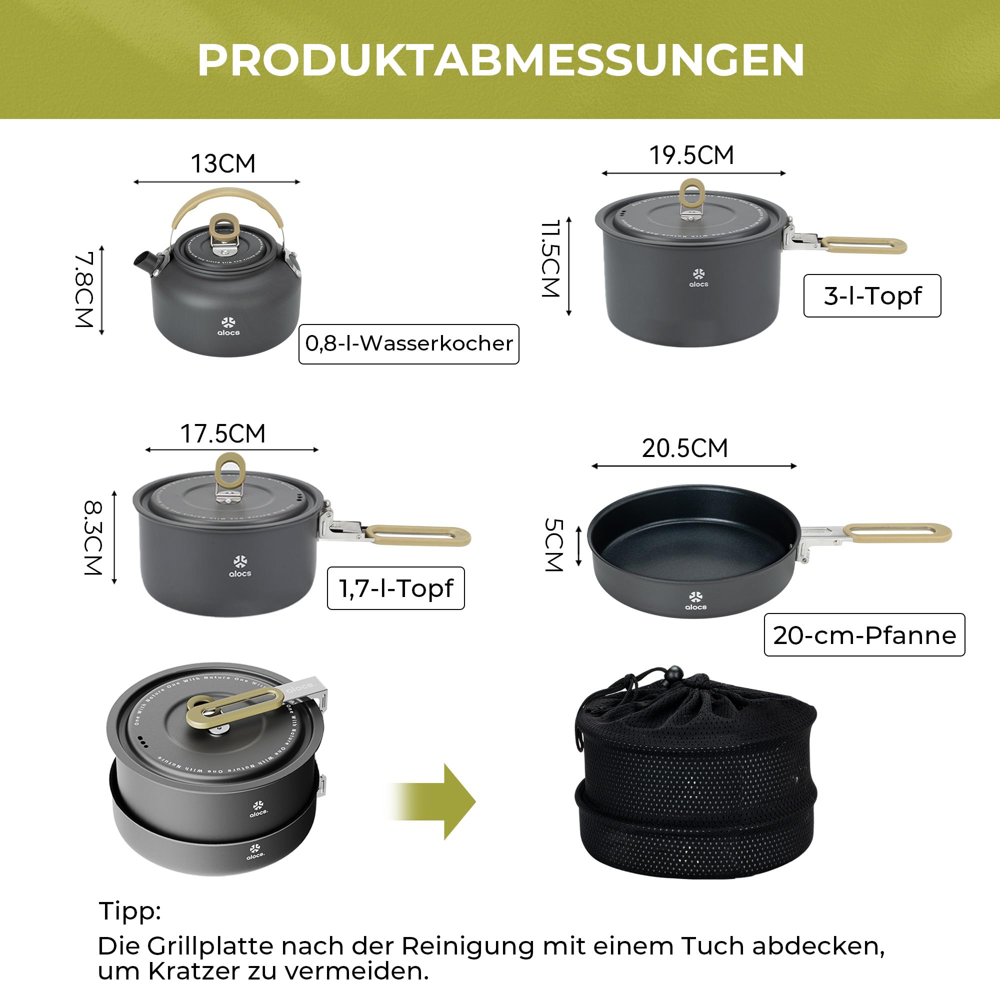 Alocs Camping Kochgeschirr, tragbares Antihaft-Campingpfannen-Set mit verbessertem Griff, ideal für Outdoor-Küche, Picknick, Wandern und Angeln