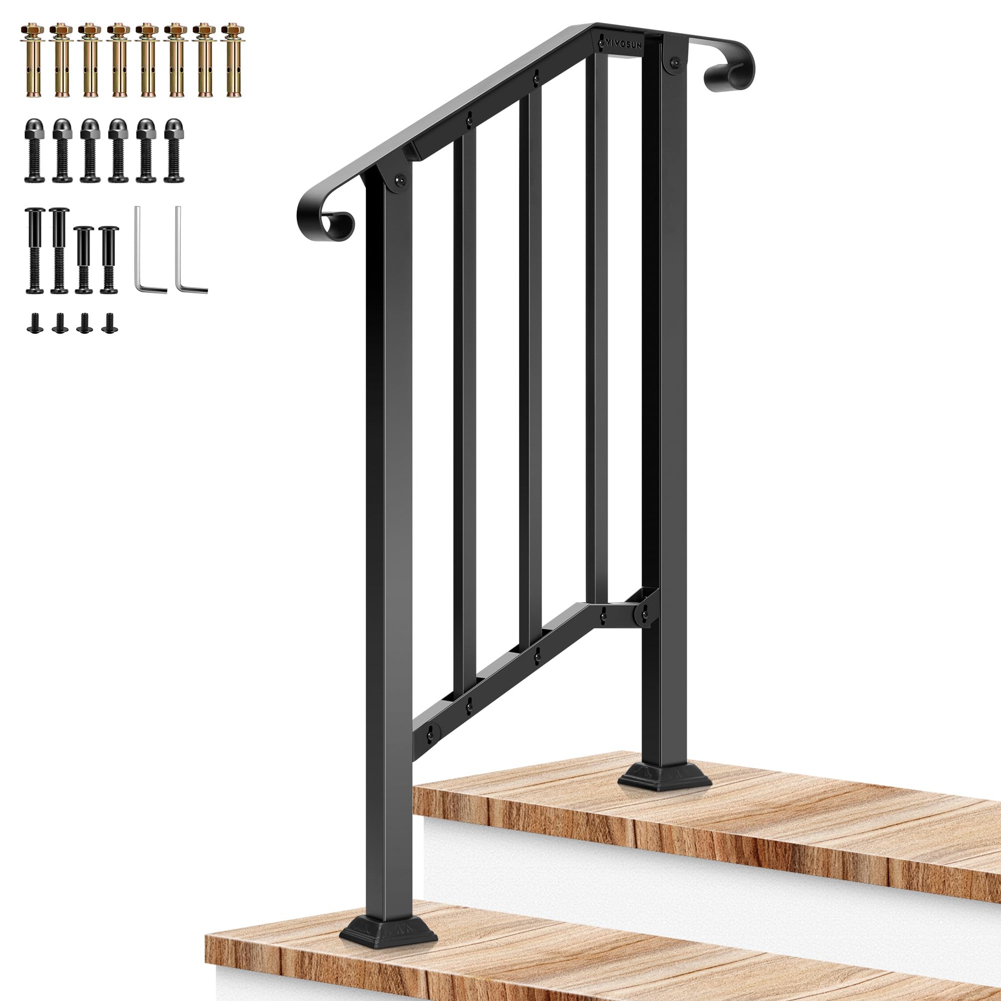 VIVOSUN 2-Step Railing 26"x36" Wrought Iron with Curved &amp; Balusters Black