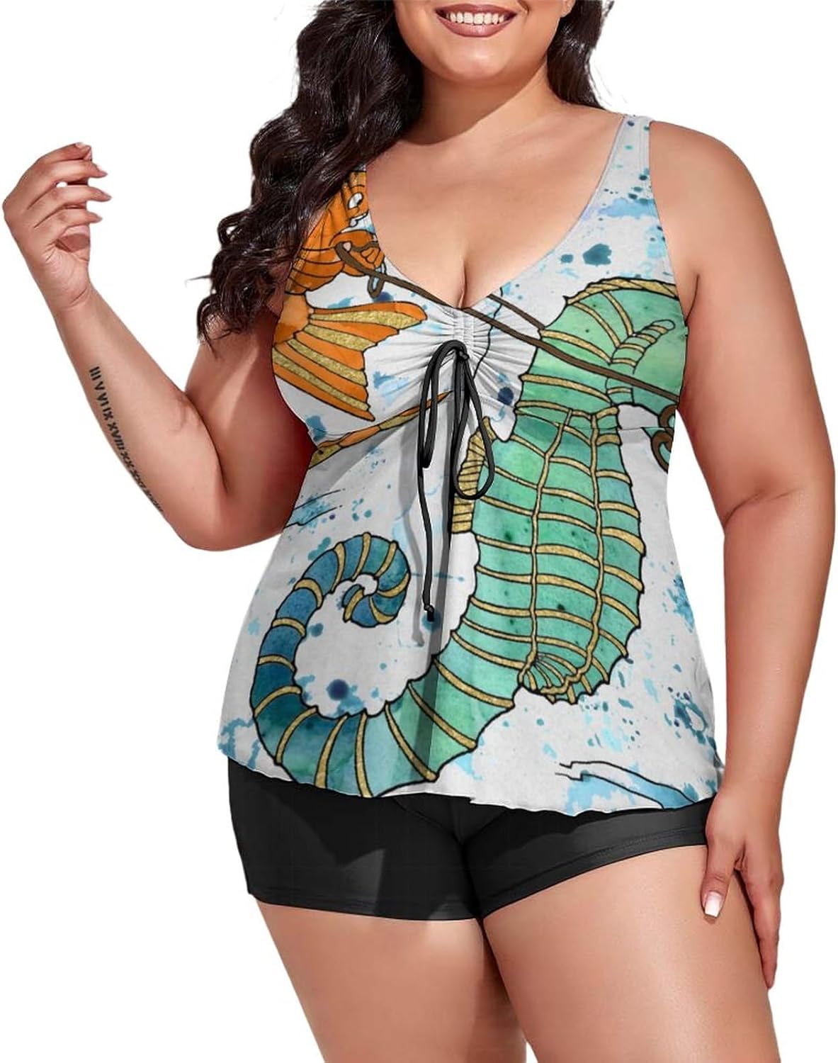 Women's Plus Size Tankini Swimsuit Goldfish Two Piece Swimdress Bathing Suit with Shorts Tummy Control Swimwear Under Sea
