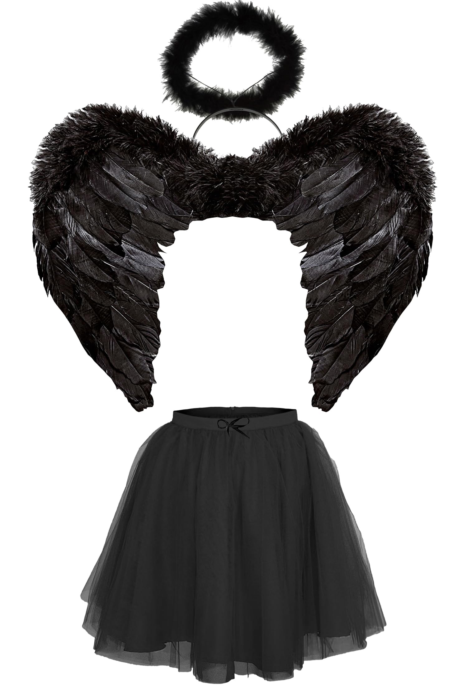 Ploutos World Wide Women Black Angel Fairy Wings, Halo and Tutu - Fallen Dark Angel Wings Black Fairy Angel Wings Halloween Fancy Dress Costume Party Adult Ladies Outfit