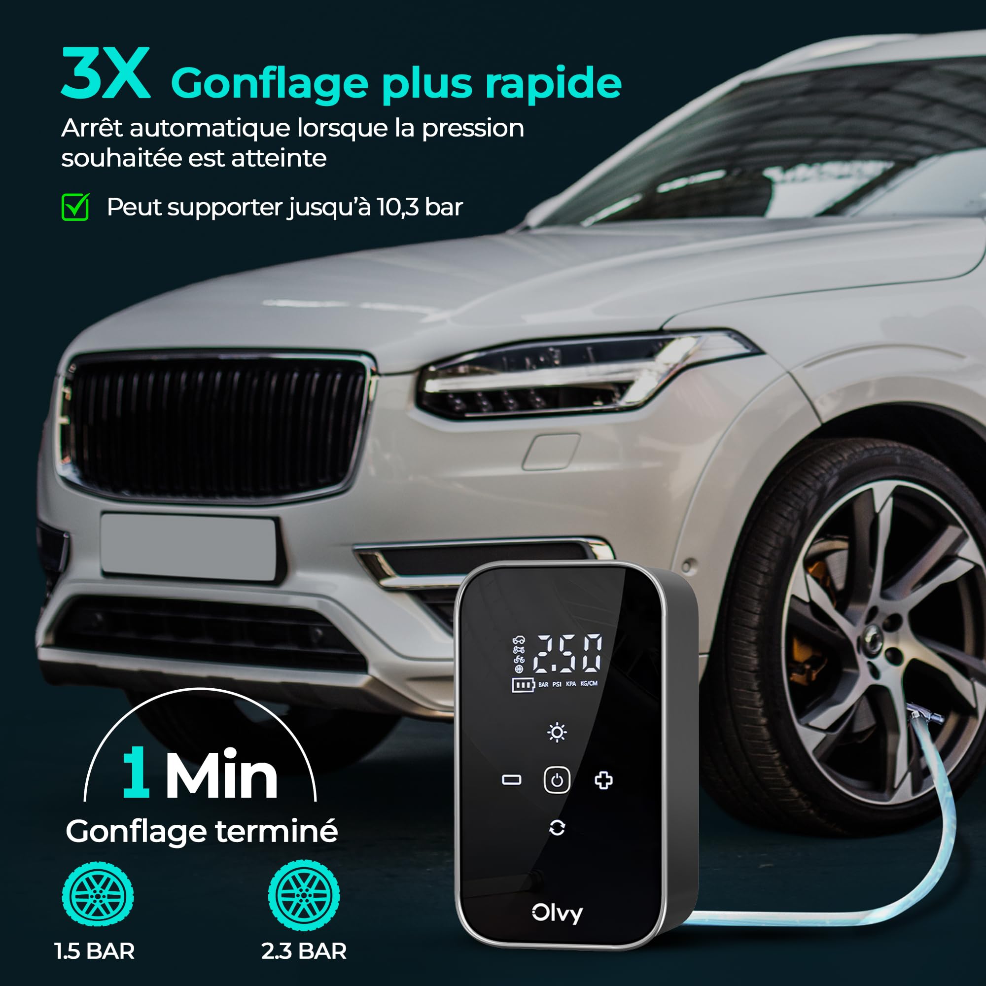 Olvy Compresseur d'air portable - Gonfleur de pneus sans fil 12V - Batterie rechargeable 6000 mAh - Écran numérique - Arrêt automatique - Lampe LED - Pour voiture, vélo, moto, ballon et matelas gonfla