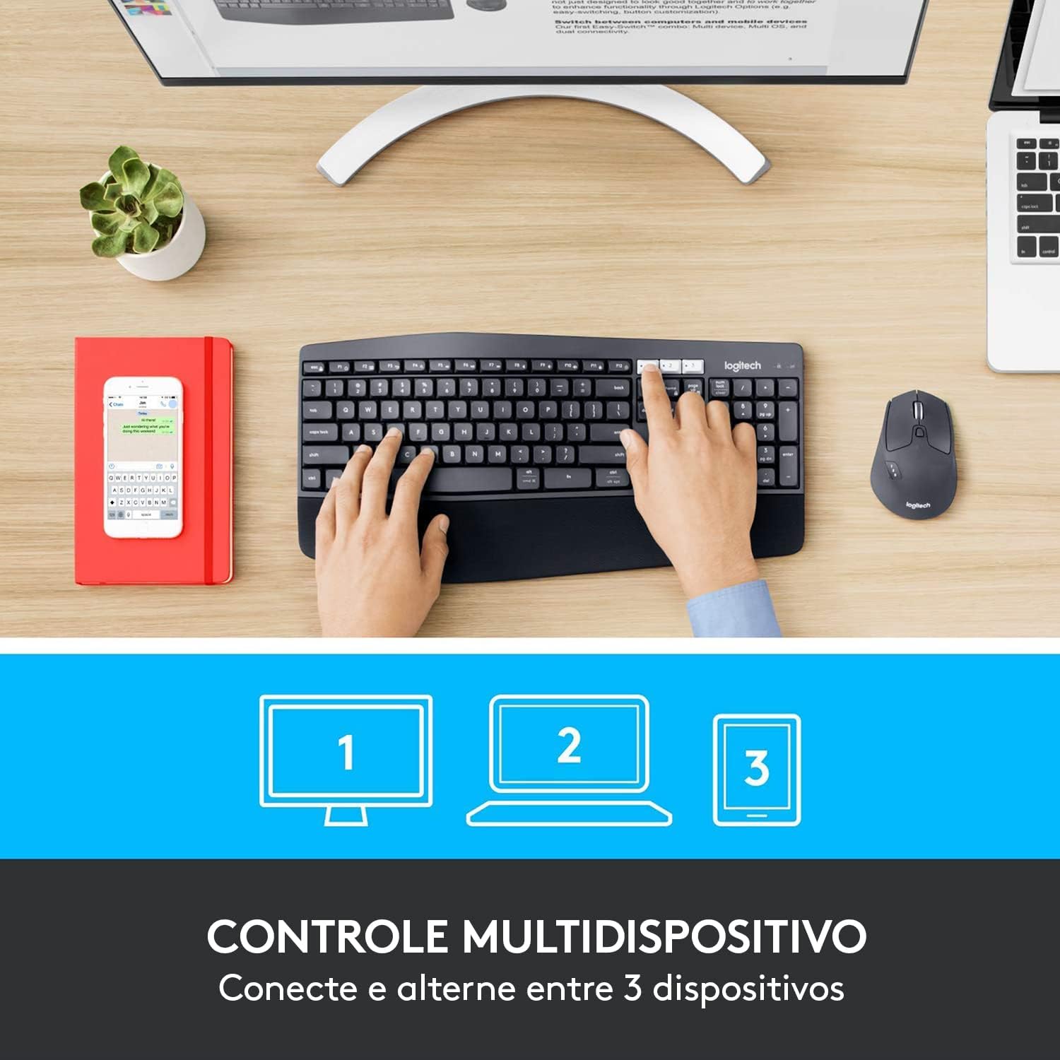 Combo Teclado e Mouse sem fio Logitech MK850 com Teclado com Apoio, USB Unifying ou Bluetooth para até 3 dispositivos e Pilha Inclusa,black