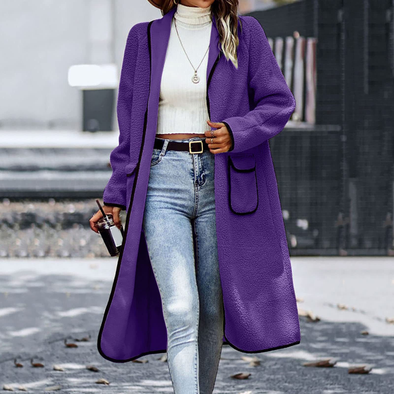 Generisch Chaqueta de punto para mujer Color de contraste Cárdigan Cierre sin botones Abrigo de felpa con bolsillos Cárdigan casual de moda