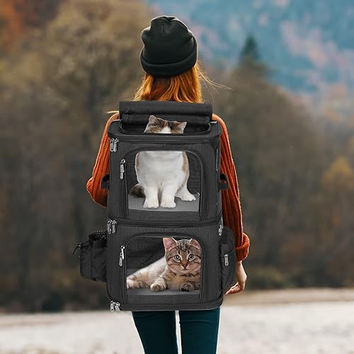 Vista 14 de Mochila transportadora de mascotas de doble compartimento para gatos pequeños y perros, transportador de viaje para gatos para 2 gatos, perfecta Gris